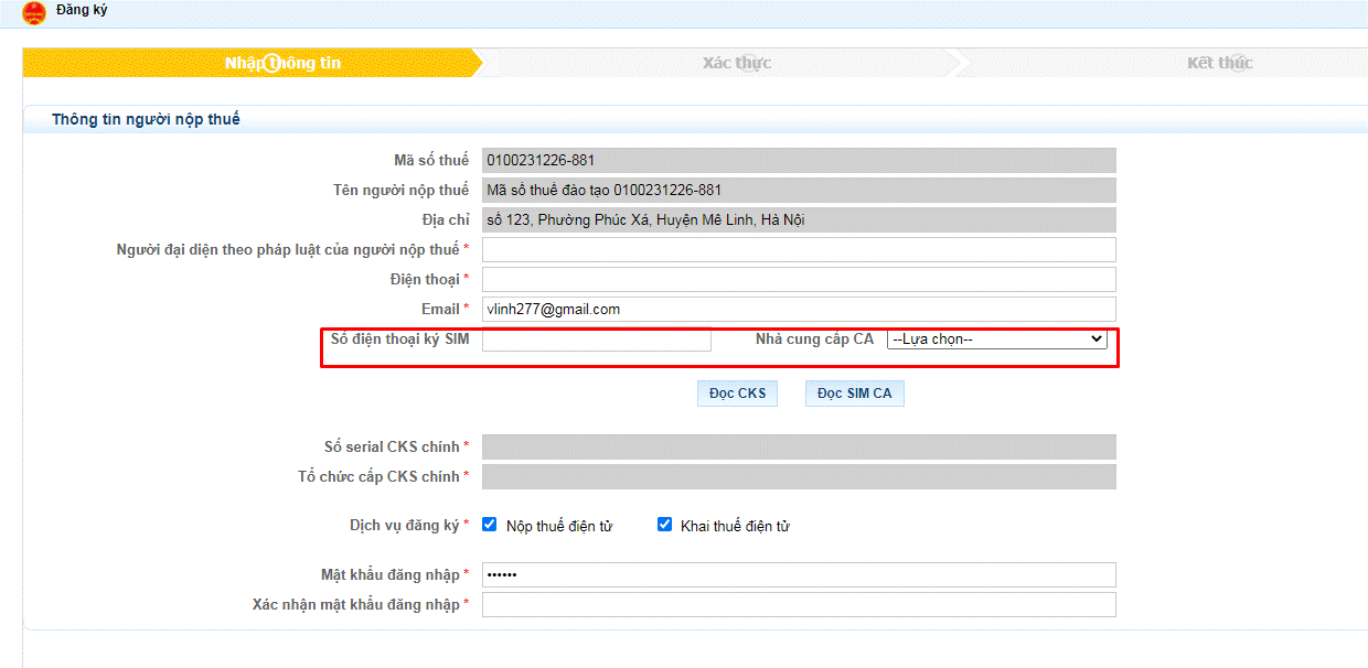 đăng ký thuế bằng sim pki